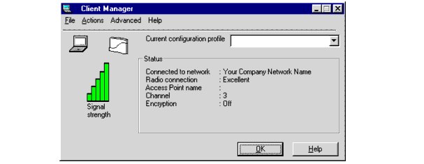 The main Client Manager window displays the following key information required to validate the current network connection of your TrueMobile station: